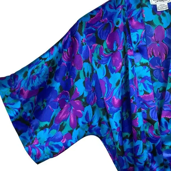 Vintage JO Intimates Robe Kimono Satin Blue Purple Floral Pocket Women's M - Picture 4 of 6